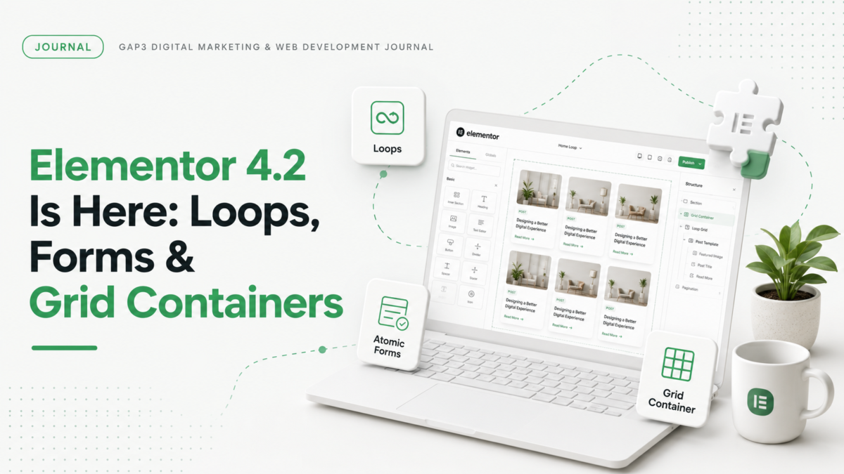 Elementor 4.2 new features illustration showing a laptop with page builder interface and cards labeled Loops, Atomic Forms and Grid Container