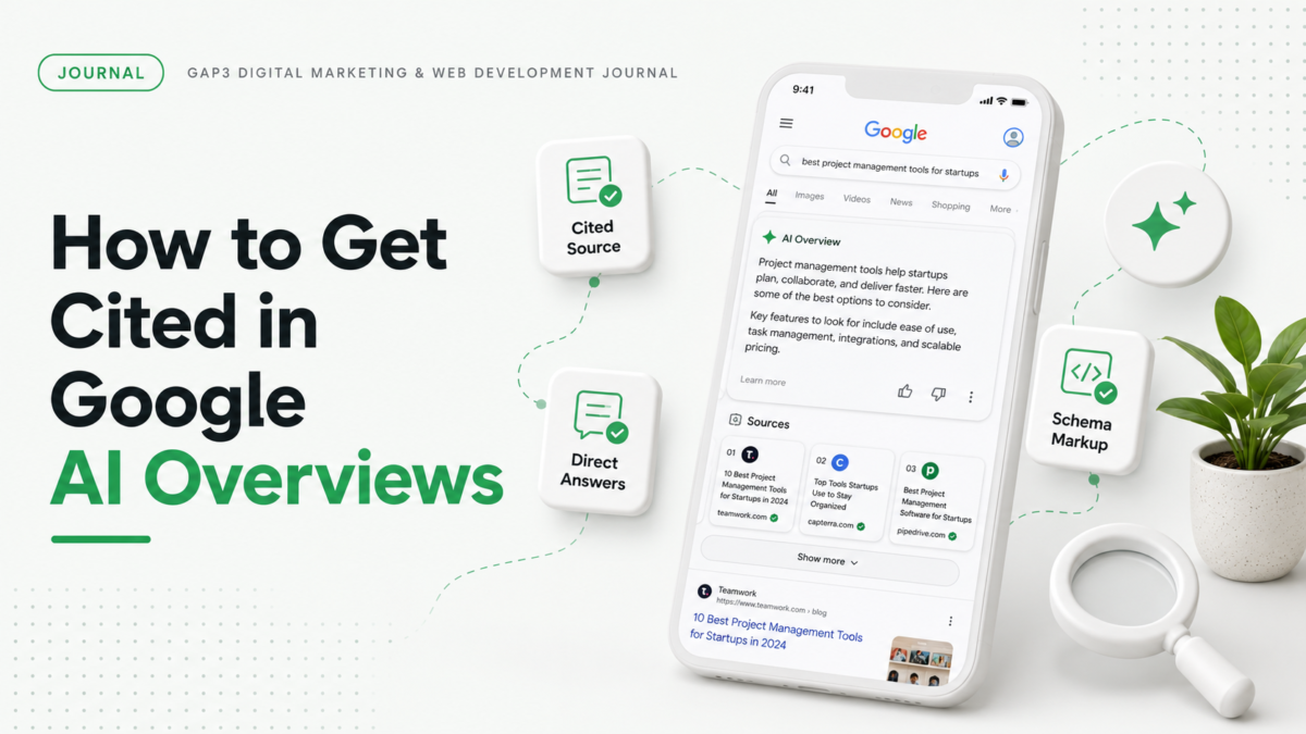 Google AI Overviews optimization illustration showing a phone with an AI answer box, cited source cards and schema markup icons