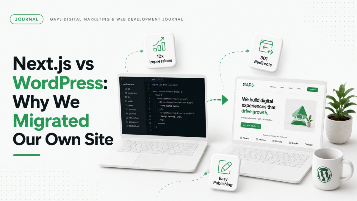 Next.js to WordPress migration illustration showing two laptops connected by an arrow, one with code editor and one with a WordPress website