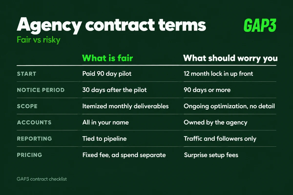 Comparison of fair B2B agency contract terms and warning signs: 90 day pilot vs 12 month lock in, 30 day notice vs 90 days or more, itemized scope, accounts in your name, pipeline reporting, and fixed fee with ad spend billed separately