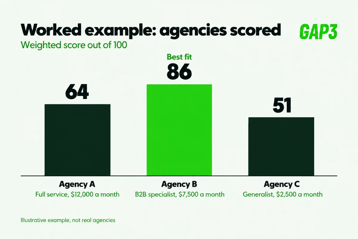 Bar chart of worked example scores out of 100: Agency B, B2B specialist at $7,500 a month, 86; Agency A, full service at $12,000 a month, 64; Agency C, generalist at $2,500 a month, 51