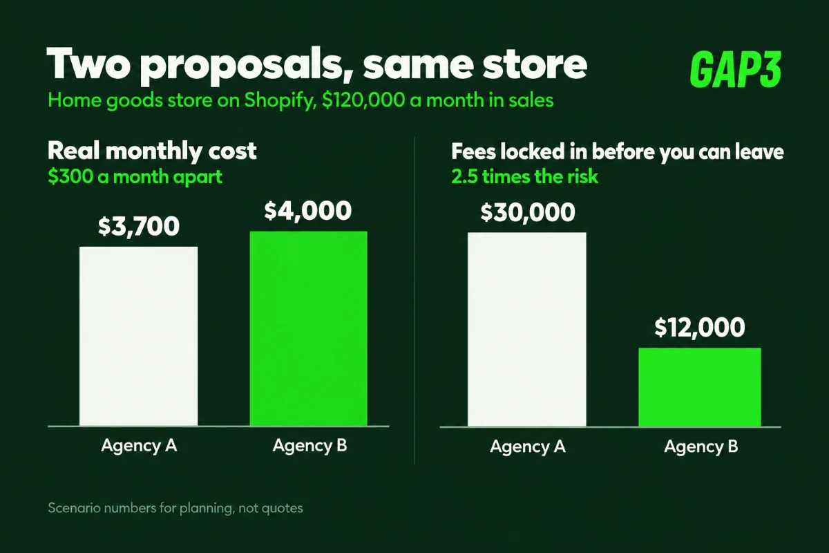 Chart comparing two ecommerce SEO proposals: real monthly cost $3,700 for Agency A and $4,000 for Agency B, and fees locked in before you can leave of $30,000 for Agency A and $12,000 for Agency B