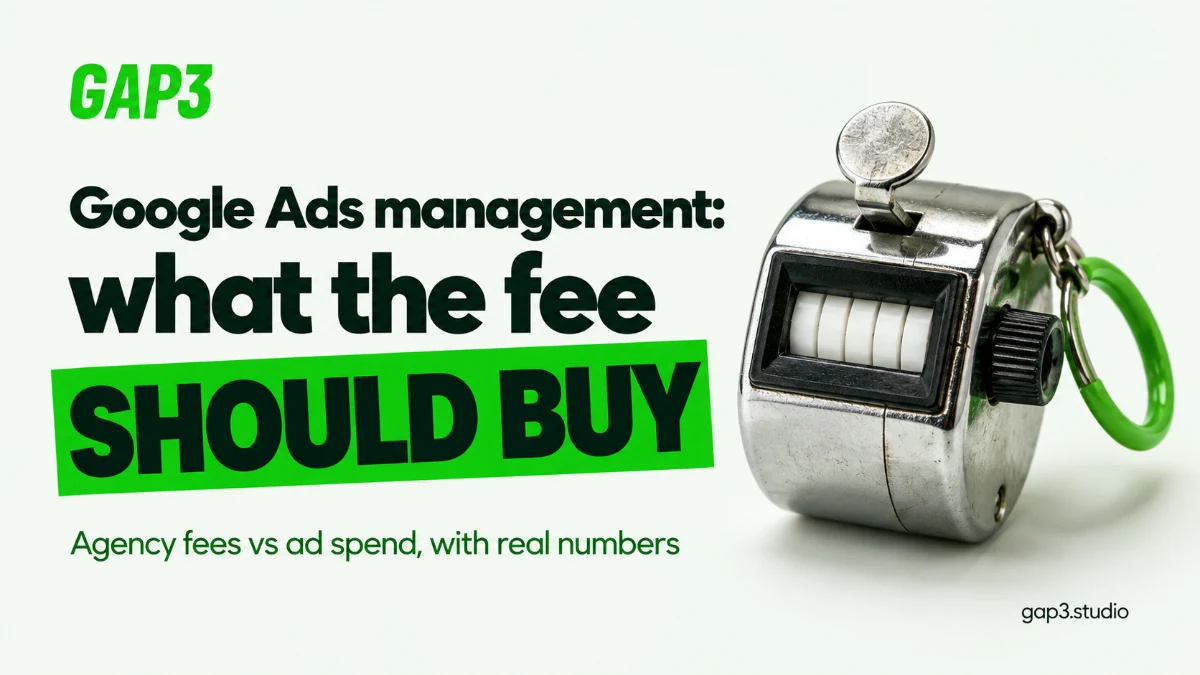 Google Ads management: what the fee should buy. Agency fees vs ad spend, with real numbers, with a chrome hand tally counter on a mint backdrop