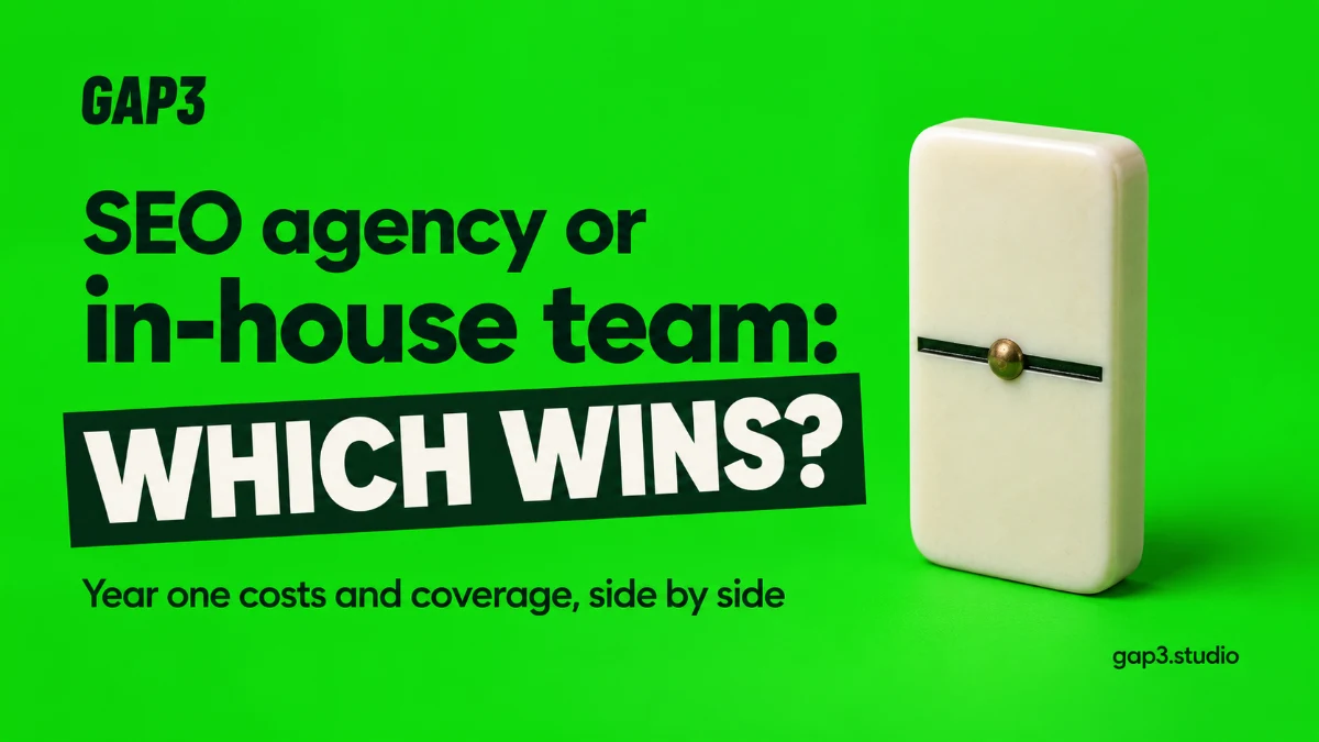 SEO agency or in-house team: which wins? Year one costs and coverage, side by side, with a blank ivory domino tile standing on a bright green backdrop