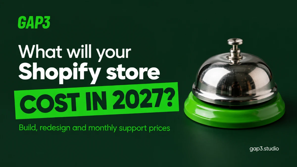 What will your Shopify store cost in 2027? Build, redesign and monthly support prices, with a chrome shop counter bell on a dark green backdrop
