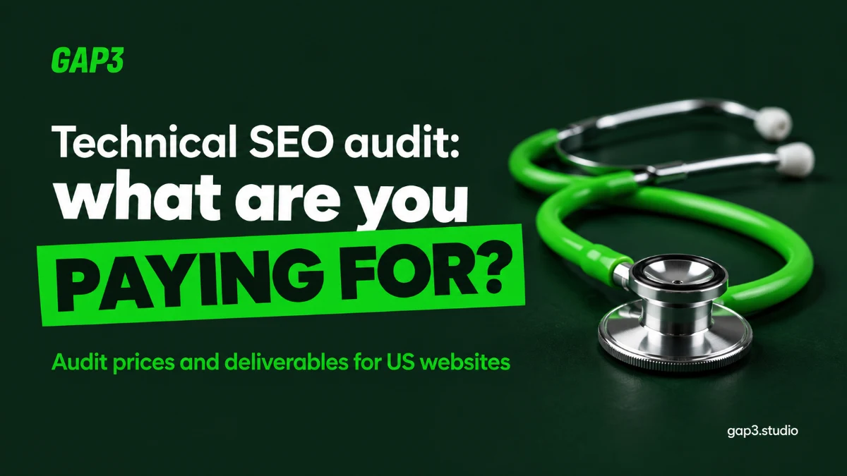 Technical SEO audit: what are you paying for? Audit prices and deliverables for US websites, with a stethoscope with green tubing coiled on a dark backdrop