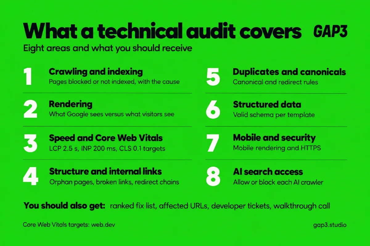 Checklist infographic of the eight areas a technical SEO audit should cover: crawling and indexing, rendering, speed and Core Web Vitals, site structure and internal links, duplicates and canonicals, structured data, mobile and security, and AI search access