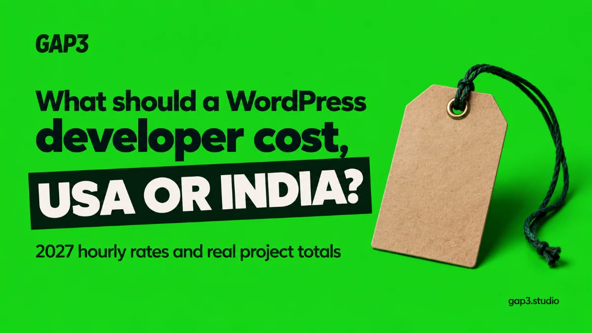 What should a WordPress developer cost, USA or India? 2027 hourly rates and real project totals, with a blank kraft luggage tag on a green backdrop